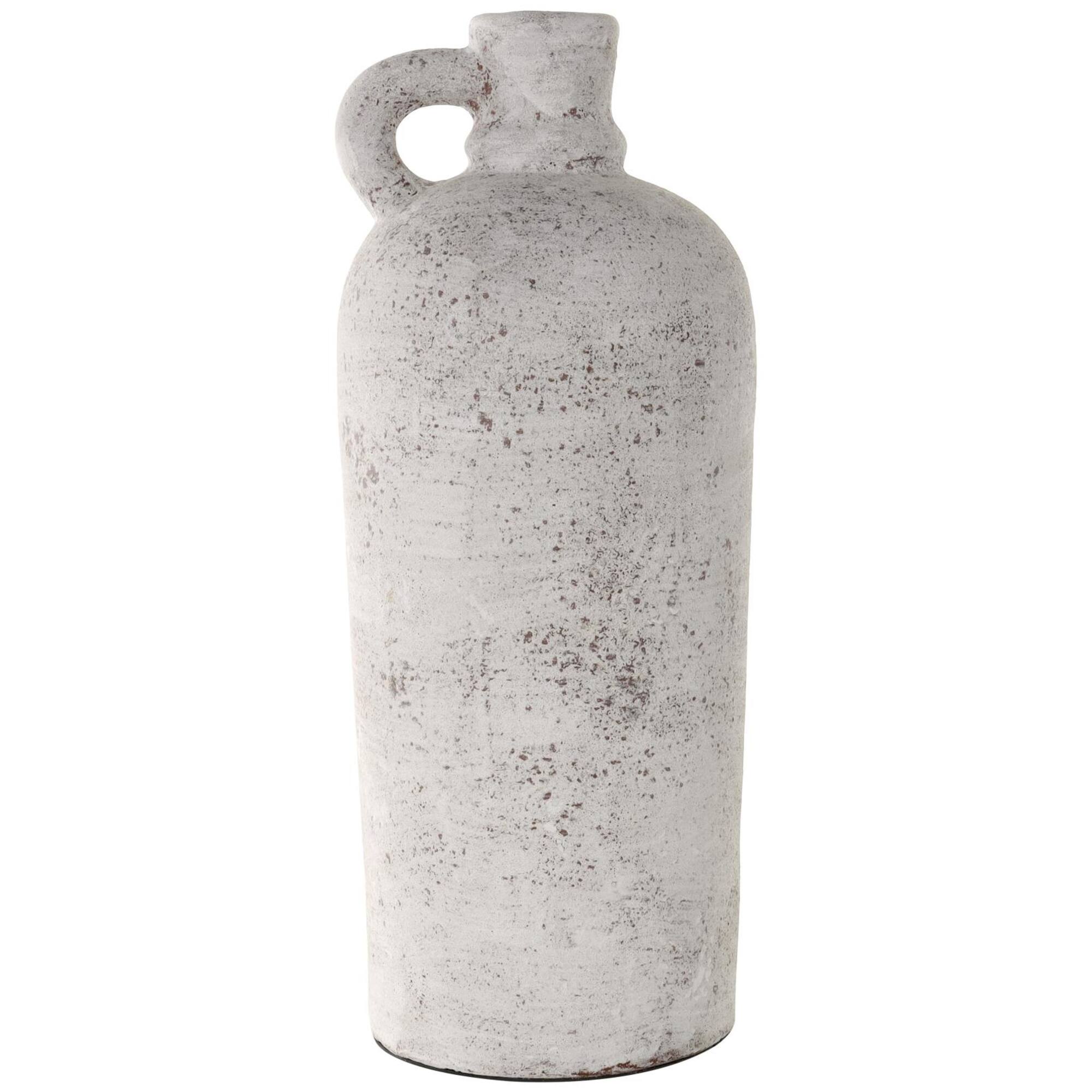 22" Cream Ceramic Antique Style Textured Vase with Curved Handle